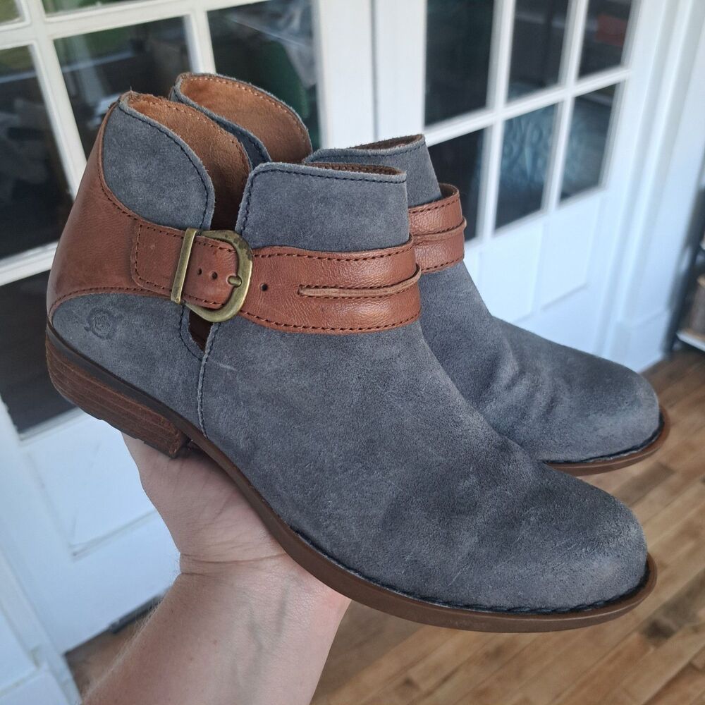 BORN Kati Blue Gray Suede Leather Buckle Ankle Harness Womens Comfort Boots 8